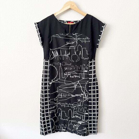 W FOR WOMEN | Black White Shift Dress Straight Cut Sleeveless Skyline | Size 8 - Picture 1 of 8